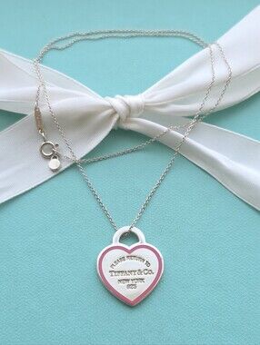 Retired T&Co Pink Enamel Return Heart Tag Pendant Necklace